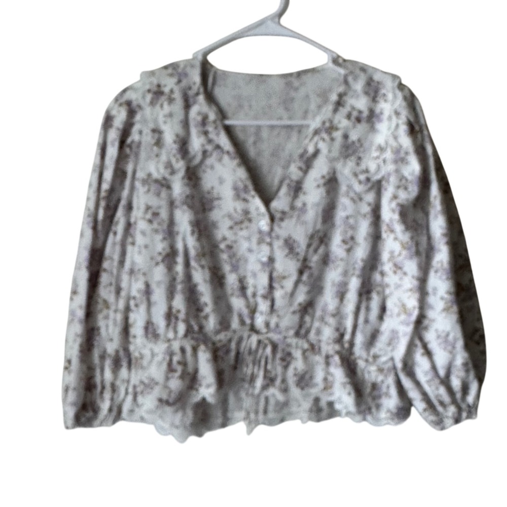 Lalavon Floral Peplum Blouse White Purple Eyelet Lace Collar Balloon Sleeve L